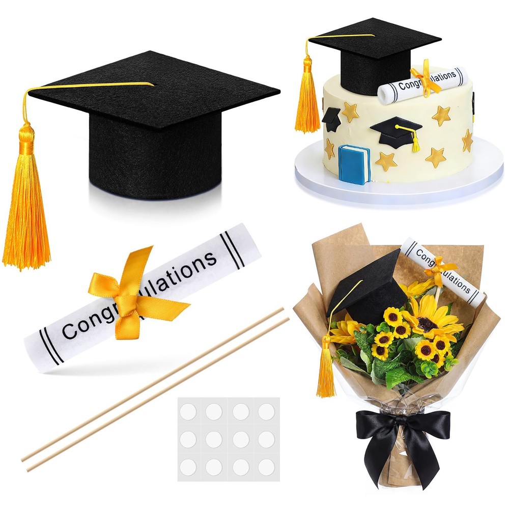 Black Gold Graduation Cap Cake Topper Centerpiece Stick Class Of 2026
