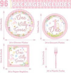 Pink One Silly Goose Birthday Disposable Tableware (Plates, Napkins, Forks)