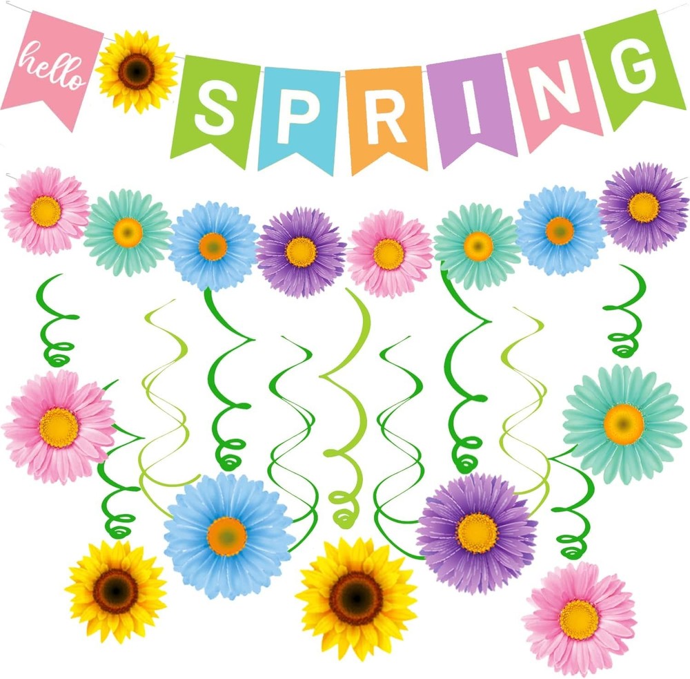 Hello Spring Banner Colorful Flower Hanging Swirls Sun Flowers Daisy