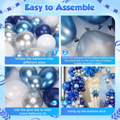 Blue White Silver Balloons Arch Kit 152Pcs with Star, Navy Light Metallic Blue S