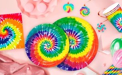 Rainbow Party Decoration Tie Dye Birthday Tableware Balloons Plates Cake Topper