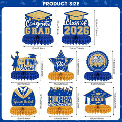 Class of 2026 Graduation Table Decor Congrats Grad Centerpieces Blue Gold 8Pk