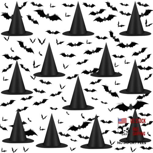 12pcs Halloween Black Witch Hat with 157 FT Nylon Cord &120pcs Bat Sticker