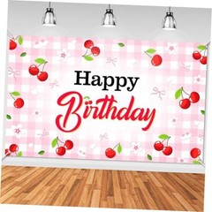 Cherry Birthday Banner Cherry Bow Birthday Decorations for Gilrs 6×3.6 ft
