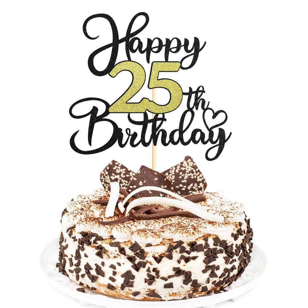 1 PC 25th Birthday Cake Topper Black Gold Glitter Heart Pattern Decoration
