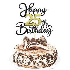 1 PC 25th Birthday Cake Topper Black Gold Glitter Heart Pattern Decoration