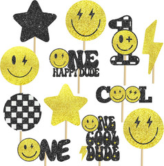 12Pcs Glitter One Happy Dude Party Centerpiece Sticks One Happy Dude Birthday Pa