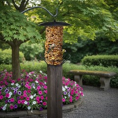 Finch and Sparrow Bird Feeder Cylinder Metal Design with Wind Rain Cover