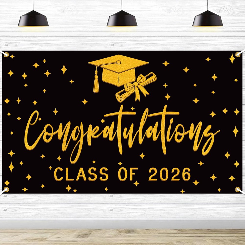 Congratulations Class Of 2026 Graduation Backdrop Black Gold Photo Background