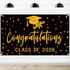 Congratulations Class Of 2026 Graduation Backdrop Black Gold Photo Background