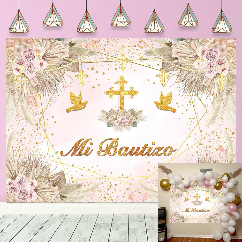 Mi Bautizo Backdrop Boho Baptism God Bless First Holy Communion Party | Backgrou