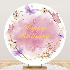 7.2×7.2ft Polyester Butterfly Floral Birthday Round Backdrop Cover Pink Purple