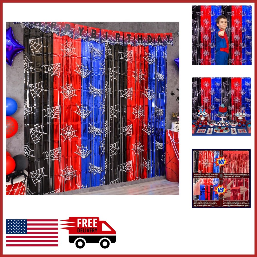 Red Black Blue Spider Web Fringe Curtains 2 Pack Photo Booth Backdrop
