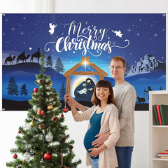 Merry Christmas Nativity Scene Banner – Large Blue Backdrop for Christmas Par…