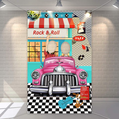 50s Rock and Roll Party Backdrop Pink Car Banner 5.3×3.3ft Photo Booth Decor XXL