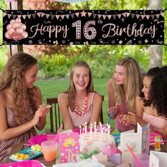 Happy 16Th Birthday Banner Decorations for Girls, Rose Gold Sweet 16 Birthday Pa
