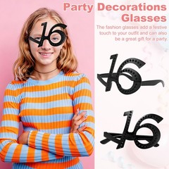 6-Pack Birthday Glasses with Rhinestones, 16th Photo Booth Props [Black]