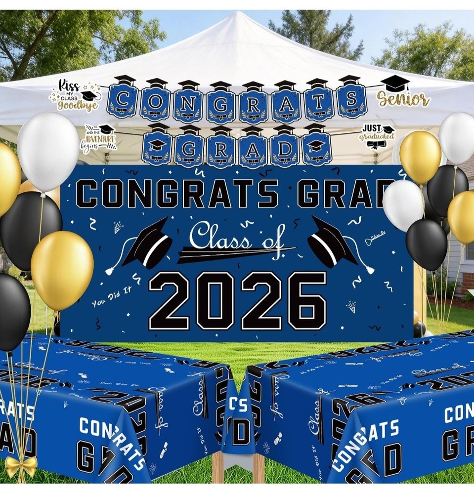 Graduation Decorations 2026 – Blue Congrats Grad Banner Backdrop Tablecloth Set