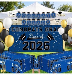 Graduation Decorations 2026 – Blue Congrats Grad Banner Backdrop Tablecloth Set