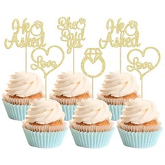 He Asked She Said Yes Cupcake Toppers Gold Glitter Diamond Ring Heart Love Ca…