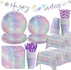 Iridescent Party Decorations Tableware, Ombre Purple Holographic Birthday Par…