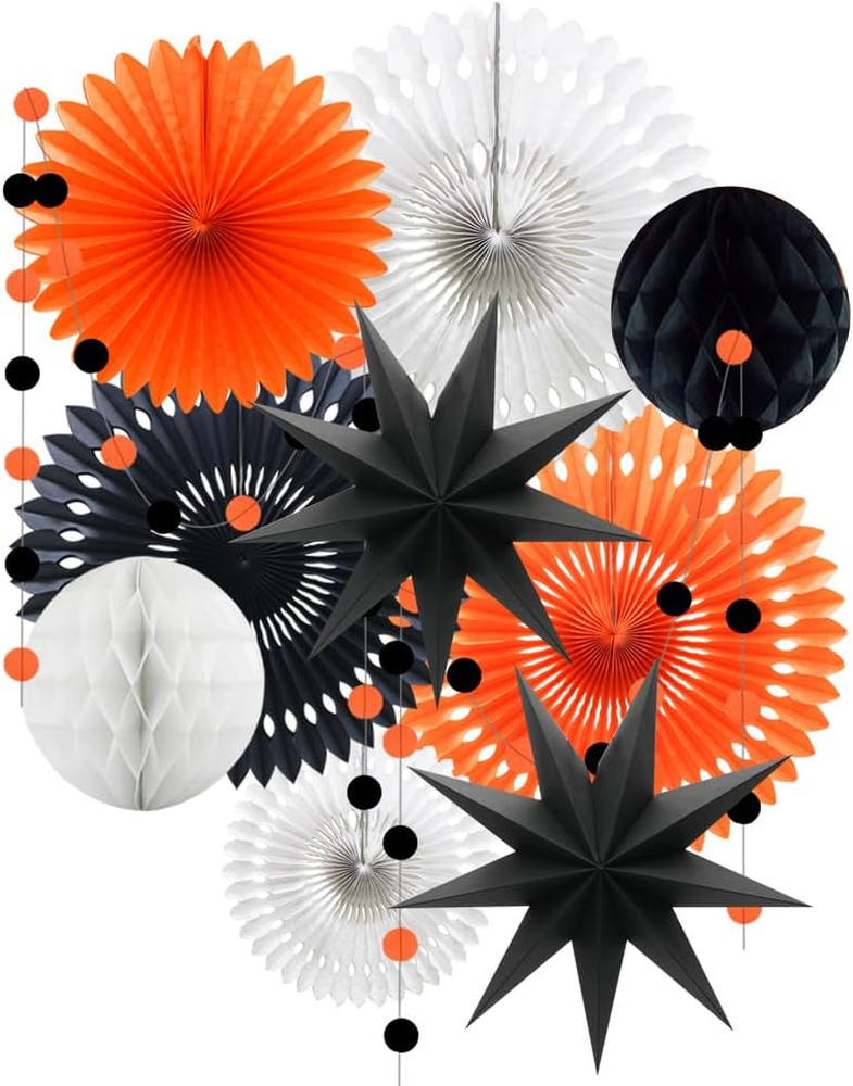Orange White Black Halloween Decorations, Hanging Tissue Paper Fans Circle Garla