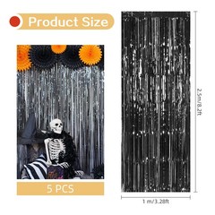 5 Pack Black Foil Fringe Backdrop Curtains, 3.2ft x 8.2ft, Tinsel Streamers