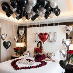 Black Silver Romantic Special Night Decorations with I Love You and Heart Bal…