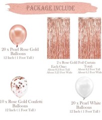 Party Decorations, Rose Gold Foil Curtain Backdrop, Rose Gold & white balloons.