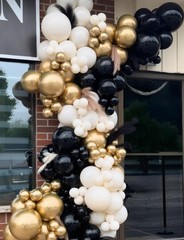 Arco De Globos Negro Dorado Y Blanco Con Estrellas Para Boda Y Graduacion