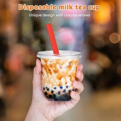 50 Sets Clear Cups with Flat Lids and Jumbo Smoothie Straws Disposable Plasti…