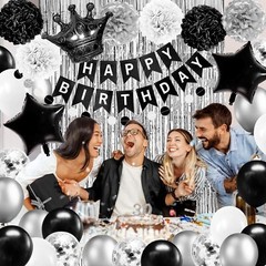 Black and Silver Birthday Party Decorations for Men Women Boys Girls Happy Bi…