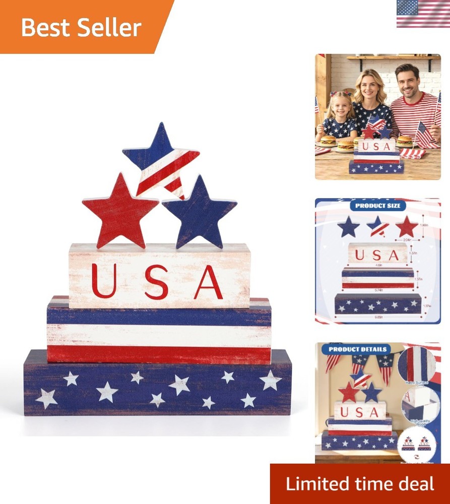 Sturdy Patriotic Table Block Decorations & Stars – Perfect for July Celebrations