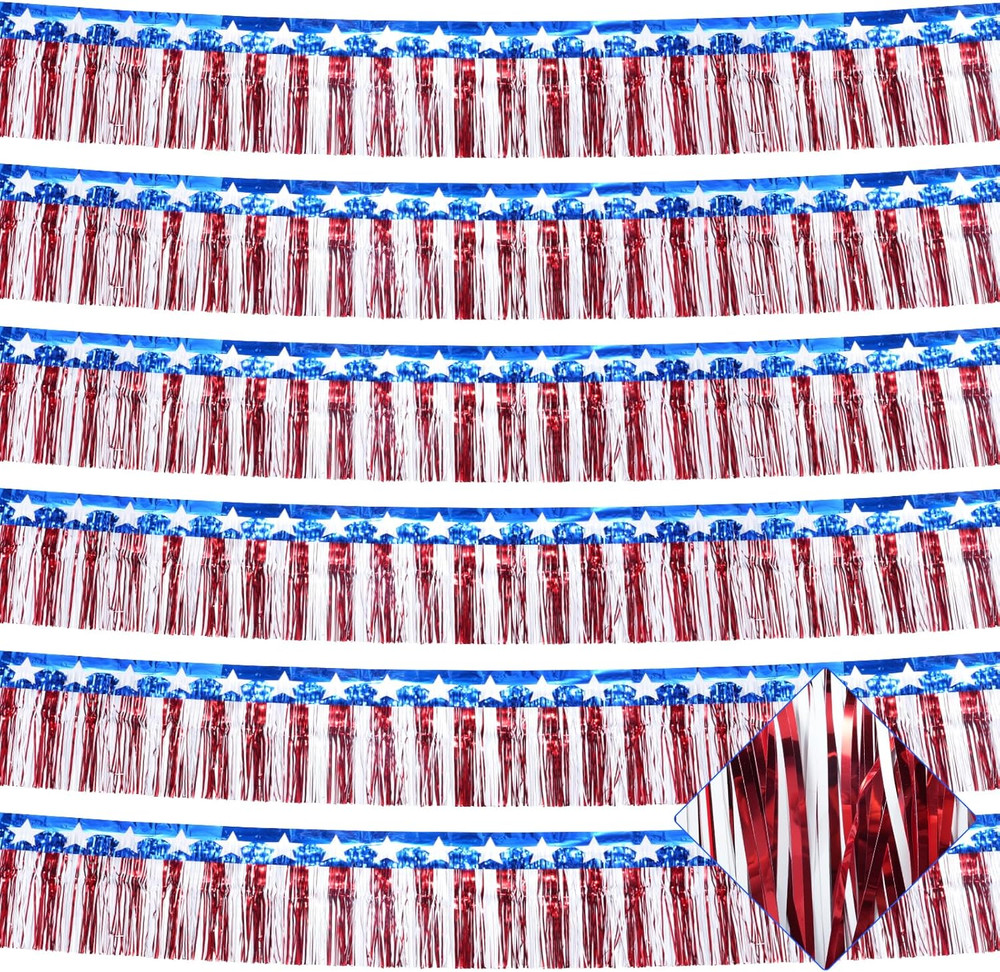 6Pack 60ft 4th of July Decorations Banner USA Stars Foil Fringe Garland Tinsel S
