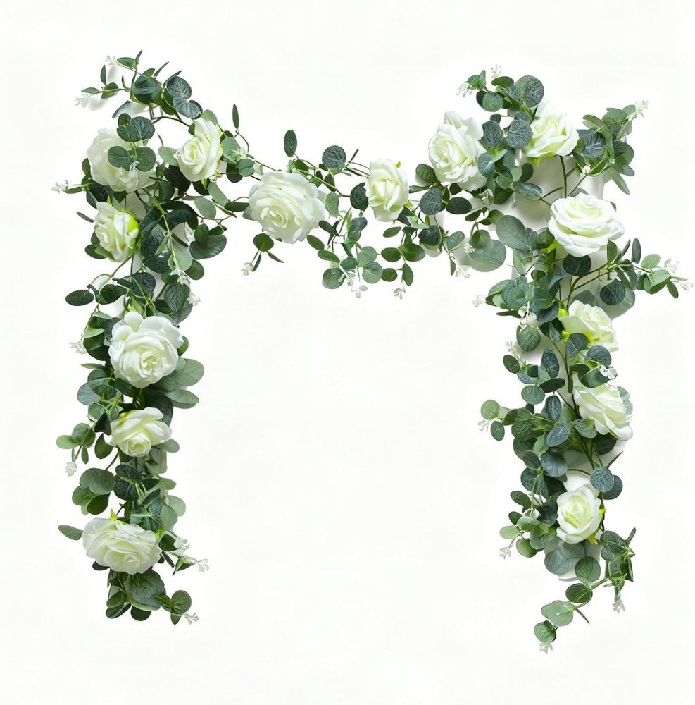 6FT Artificial Eucalyptus Garland with 14 Fake White Rose Flowers – Floral