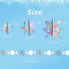 15Pcs Frozen 3D Hanging Snowflakes Decorations, Holographic Snowflakes Garland S