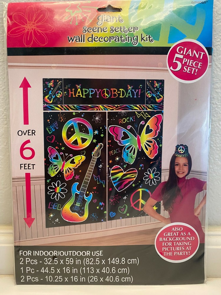 GIANT SCENE SETTER WALL DECORATING KIT HAPPY BIRTHDAY PEACE ROCK AND ROLL 6’tall