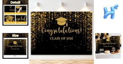 Elegant 2026 Graduation Backdrop – Black Gold Glitter Bokeh, 7x5ft Perfect fo…