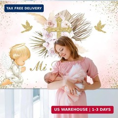 Avezano Mi Bautizo Backdrop Boho Baptism Party Decorations for Girl Blush Pink F