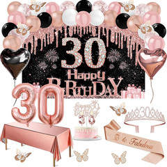 30Th Birthday Decorations for Her, 49Pcs Black Rose Gold Black Happy 30Th Birthd