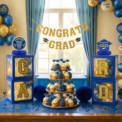 Navy Blue & Gold Graduation Decorations 2026 – Balloon Boxes, Table Decor & Ligh