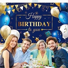 Happy Birthday Backdrop Banner Navy Blue Gold Party Decoration 72.8 x 43.3 Inch