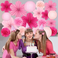 19 Pcs Pink Party Decorations, Light-Hot Pink Hanging Lanterns, Flowers Fans,…