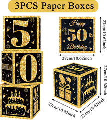 50Th Birthday Decorations Boxes for Men- 3PCS Black Gold Happy 50Th Birthday Bal