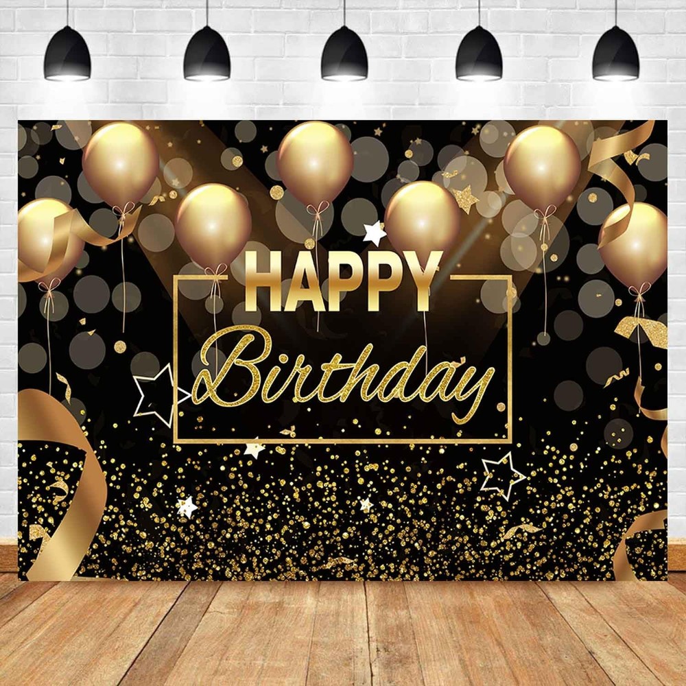 Sensfun Black Gold Happy Birthday Backdrop Sparkle Glitter Golden Balloon Bokeh