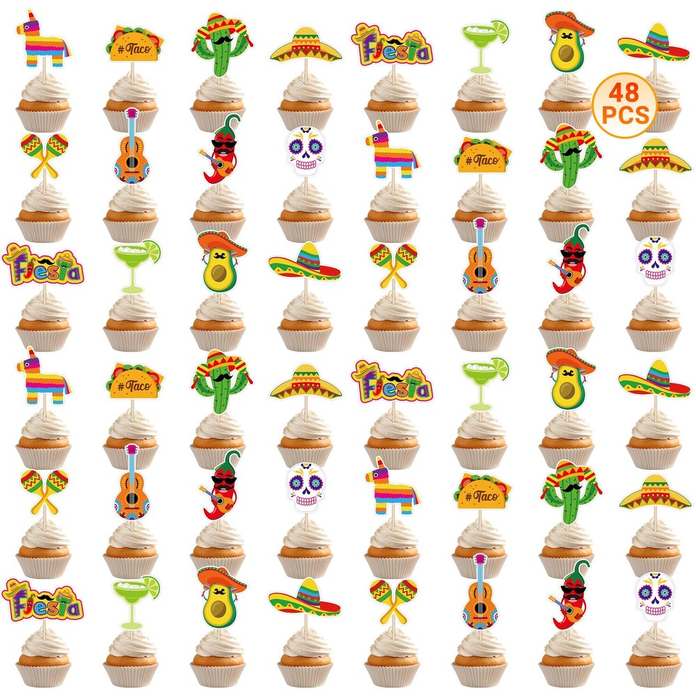 48 PCS Cinco De Mayo Cupcake Toppers 12 Style Mexican Cupcake Picks