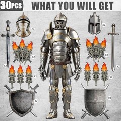 30 Medieval Party Decorations – 6ft Armor Knight Cutouts, Torch Props & Shields