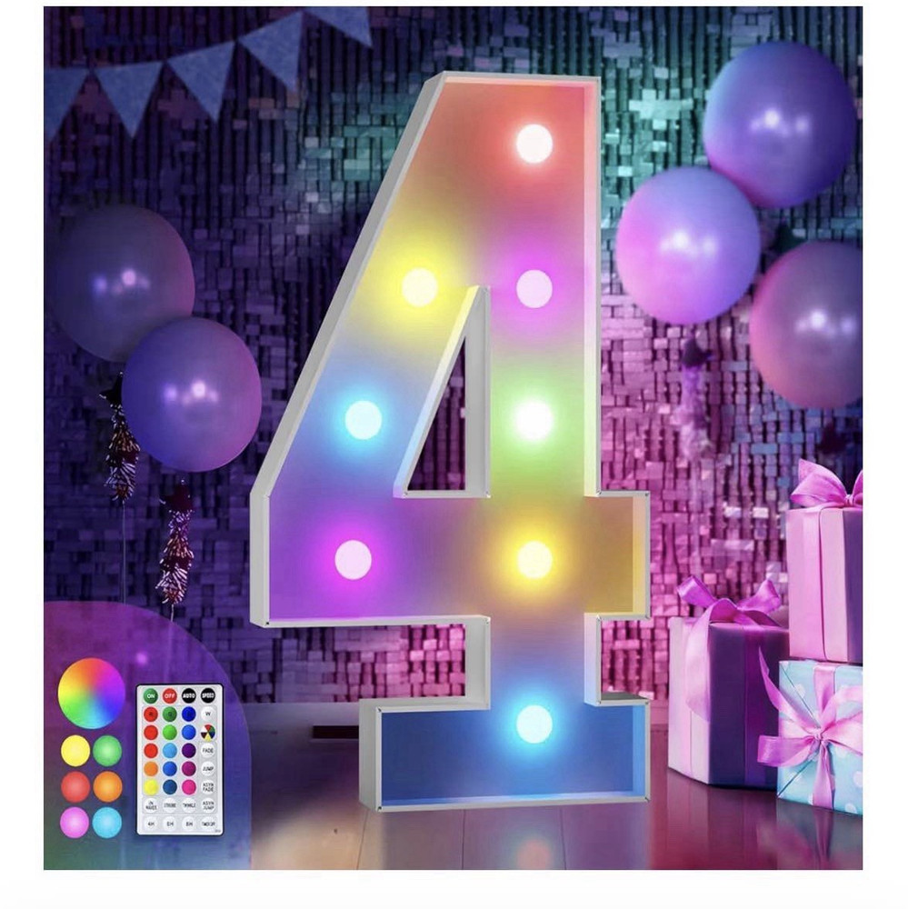3FT Lighted Marquee Number 4 LED Multicolor Birthday Party Decor w/ Remote