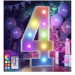 3FT Lighted Marquee Number 4 LED Multicolor Birthday Party Decor w/ Remote