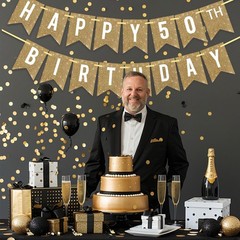 Netnology Pre-Strung Gold Happy 50th 12 ft x 14 in, Birthday